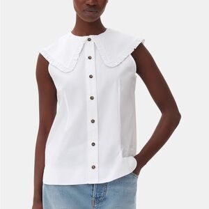 Ganni White Organic Cotton Sleeveless Frill Collared shirt size 34 (US 2)